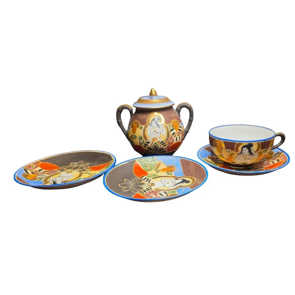Tea Set Japanese Satsuma Moriage Antique 5pc Immortal Figures Brown Blue Gold